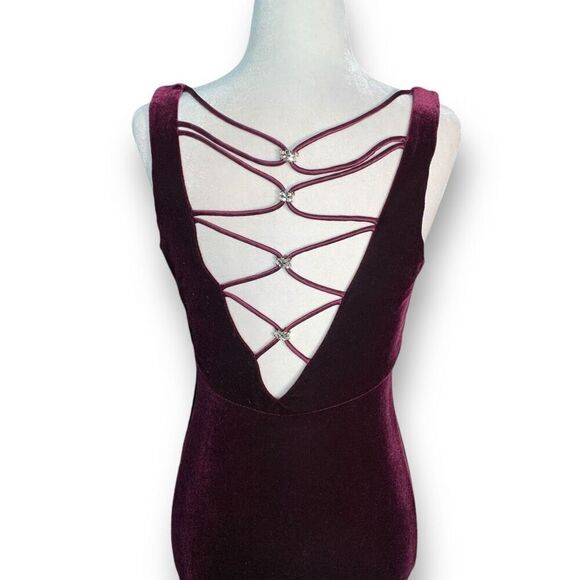 Vintage 90s Maxi Dress Burgundy Velvet Gown Criss-Cross Open Back Column Prom - Picture 8 of 14